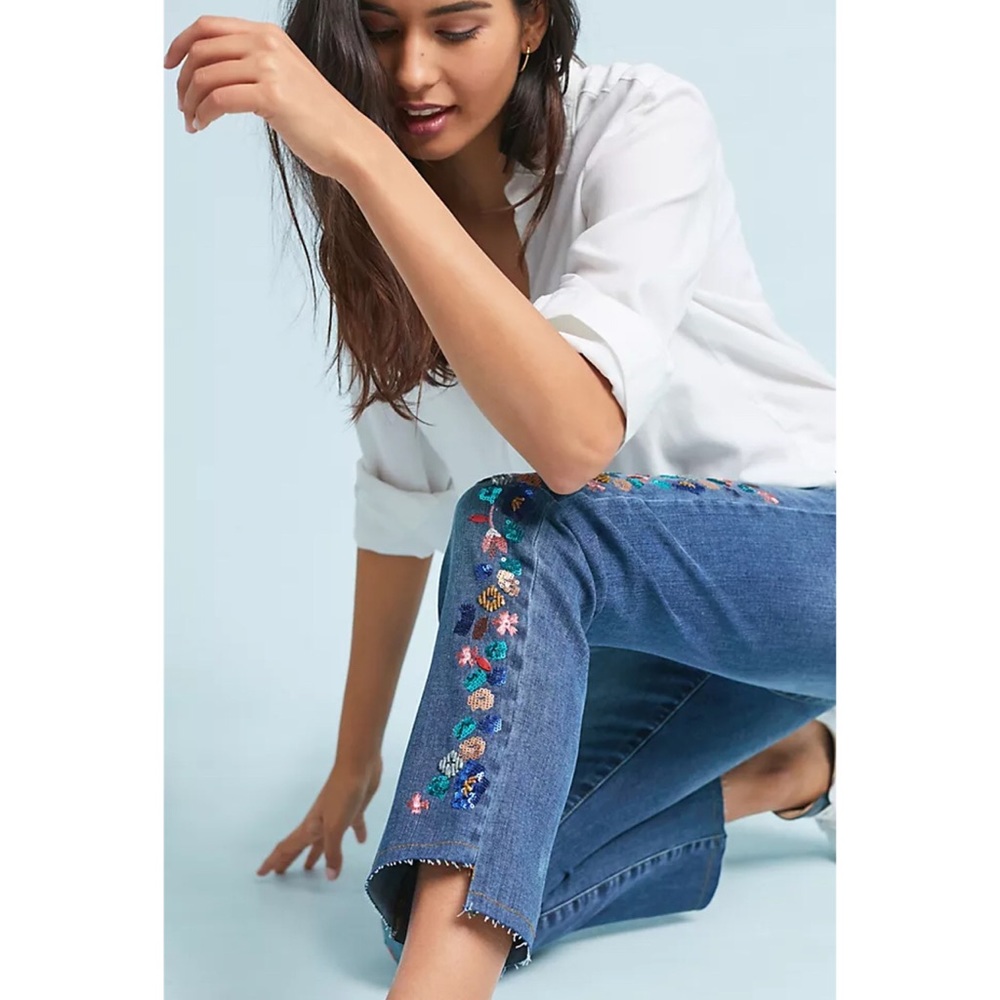 Anthropologie Pilcro Embroidered Sequin Mid-Rise Slim Straight Jeans 26 Petite